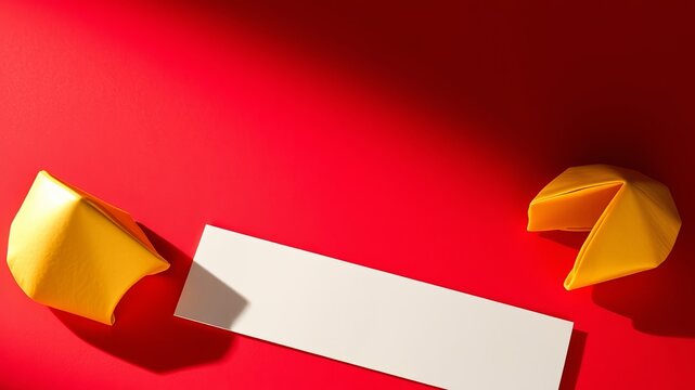 Two yellow paper fortune tellers frame a blank white message card, casting shadows on vibrant red background, creating space for personalized predictions.