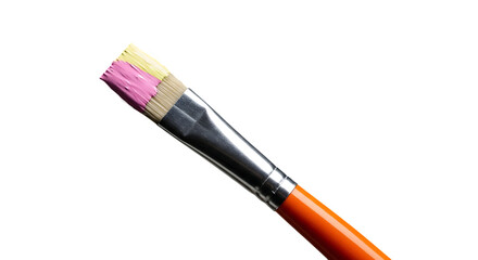 Close-up shot of a flat paintbrush with colorful bristles against a