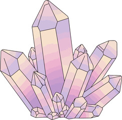 Illustration of a cluster of pastel-colored crystalline quartz formations with a transparent background emphasizing their geometric facets and