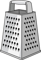 Illustration of a classic metal kitchen grater with a transparent background showcasing its textured surface and functional design
