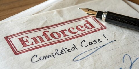 Signed Document with Enforced Stamp and Fountain Pen Resting on Table Signifying Completed Legal Case