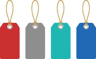 Set of colorful blank tags with hanging strings on a black background for labeling and decoration purposes