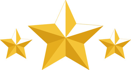 Three golden five-pointed stars with geometric shading against a black background emphasizing brilliance and symmetry in minimalist design