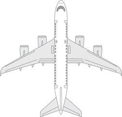 Top-Down View of a Commercial Aircraft in Flight Showing Wings Engines and Tail with a Simple Monochrome Design on a Black Background