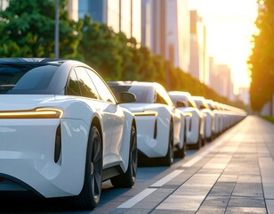 Modern white cars parked alongside a tree-lined street with skyscrapers in the background