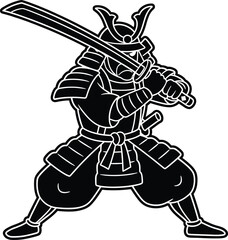 Samurai warrior in traditional armor holding katana sword in battle stance, bold black and white Japanese vector illustration