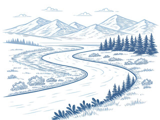 river ,hand drawn illustration outline isolated on white background