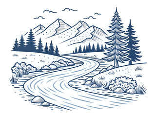 river ,hand drawn illustration outline isolated on white background