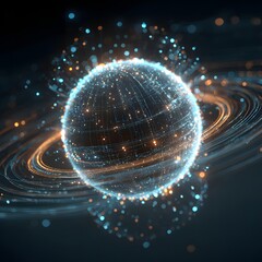 A glowing 3D sphere composed of floating holographic data streams, forming a futuristic digital core within a sci-fi atmosphere.