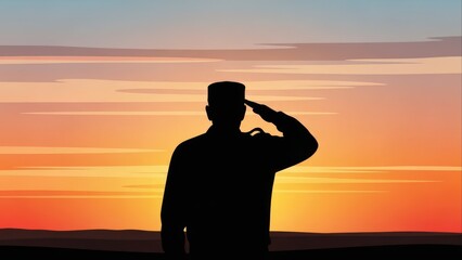Silhouette of a Soldier Saluting at Sunset - Honoring Service. Veteran's Day Concept