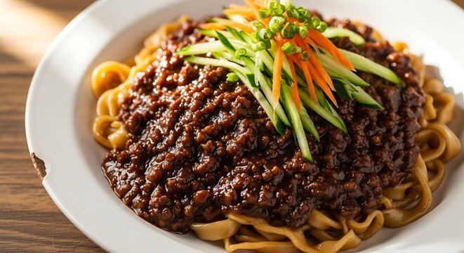 Delicious Zha Jiang Mian noodles with rich meat sauce and fresh vegetables.