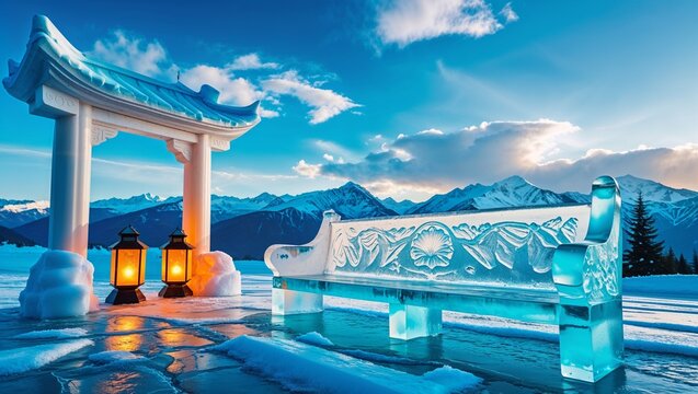 Ice and snow sculptures including a bench and lanterns against mountain backdrop  