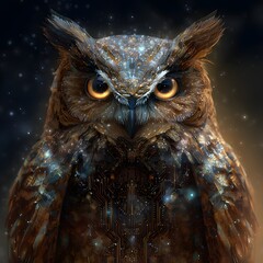 A mystical and futuristic illustration of a cybernetic owl symbolizing financial wisdom.