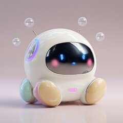 A cute, soft-shaped smart pet robot with friendly LED eyes, designed in a pastel palette with safe, non-animal features.