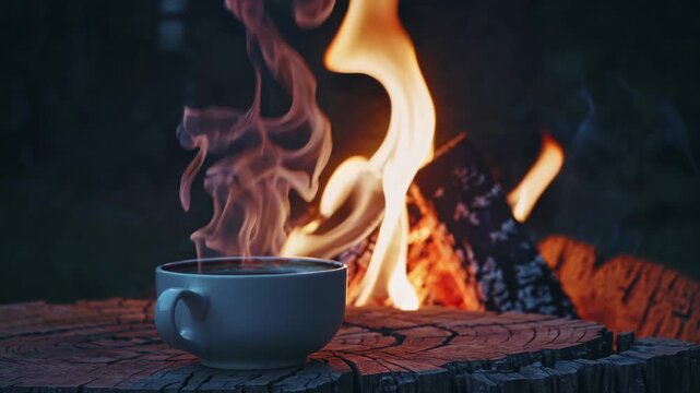 Warm ceramic mug steaming on a tree stump beside a glowing campfire, offering rustic comfort and warmth on a chilly evening outdoors in the quiet forest