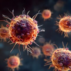 A highly detailed 3D illustration of immune system cells actively fighting a virus. The scene shows white blood cells attacking viral particles in a dynamic and realistic cellular environment.