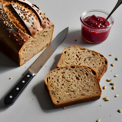 Artisan Multigrain Bread Loaf and Slices with Knife and Strawberry Jam &ndash; Rustic Food Photography

