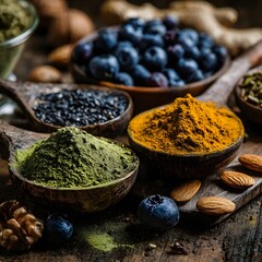 A high-detail macro shot of assorted superfoods arranged on a rustic wooden table,The earthy tones and natural textures create a warm, organic atmosphere that highlights the freshness and health
