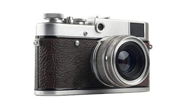 a vintage rangefinder film camera with polished chrome accents and textured leatherette
