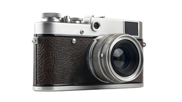 a vintage rangefinder film camera with polished chrome accents and textured leatherette