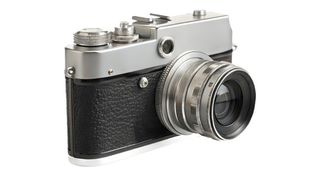a vintage rangefinder film camera with polished chrome accents and textured leatherette - Powered by Adobe