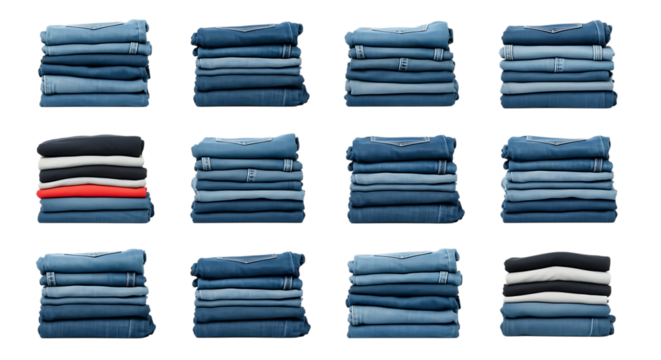 Neatly folded stacks of blue jeans and colorful apparel arranged in a grid layout