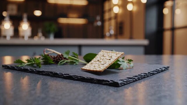 crispy cracker resting on a dark slate plate, garnished with fresh herbs and spices in a warmly lit modern restaurant setting