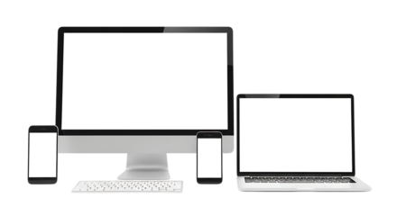 Modern technology devices displayed together desktop laptop phone and tablet mockups