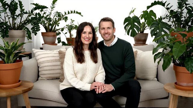 Happy Couple Posing On A Sofa Surrounded By Lush Green Houseplants In A Brightly Lit Room
