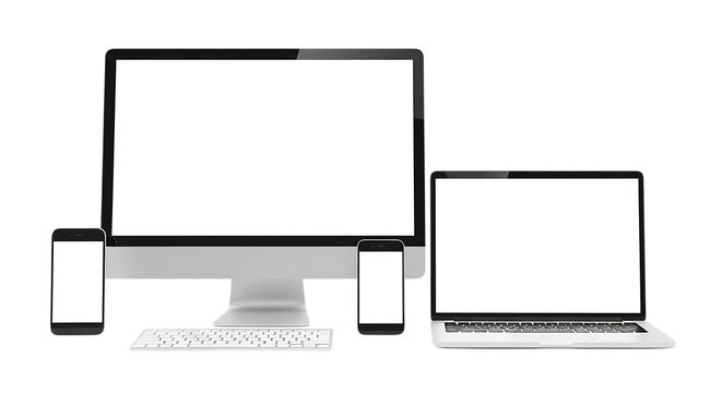 Modern technology devices displayed together desktop laptop phone and tablet mockups
