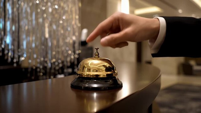 Close-Up of Hand in Suit Ringing Brass Bell on Hotel Reception Desk with Soft Bokeh Background Lighting