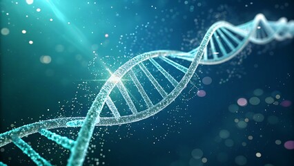 Abstract glowing blue dna double helix structure with sparkling particles and light rays, representing genetics, science, and biotechnology in a dark background