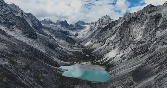 Aerial view of beautiful high altitude lake and snow capped mountain landscape