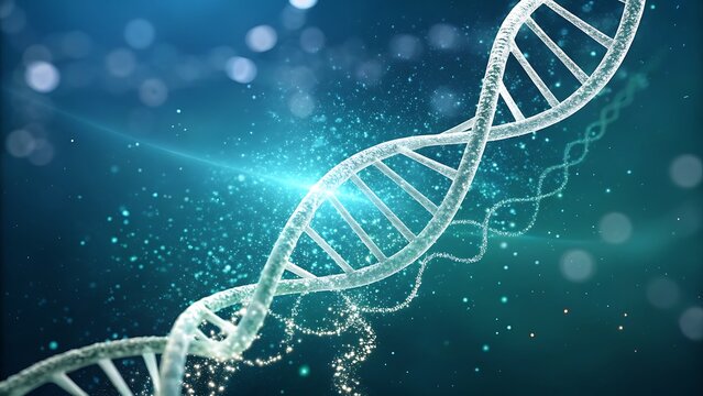 Abstract glowing blue dna double helix structure with particles and light effect representing genetic science, biotechnology, and molecular biology concept in a dark background