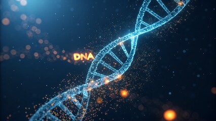 Abstract glowing blue dna double helix structure composed of digital particles and light effects against a dark technological background representing genetics and biotechnology