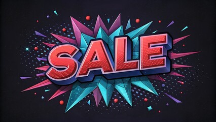 Vibrant comic book style sale announcement text with bold red lettering set against a dynamic, spiky, colorful explosion background on a dark backdrop