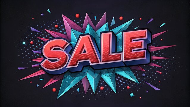 Vibrant comic book style sale announcement text with bold red lettering set against a dynamic, spiky, colorful explosion background on a dark backdrop