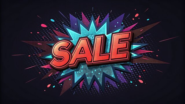 Vibrant comic book style sale explosion graphic with bold red text on a dark, dynamic background, perfect for promotion or advertising - Powered by Adobe