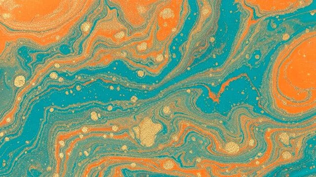 Abstract Swirling Fluid Art With Turquoise And Orange Colors And Golden Glitter