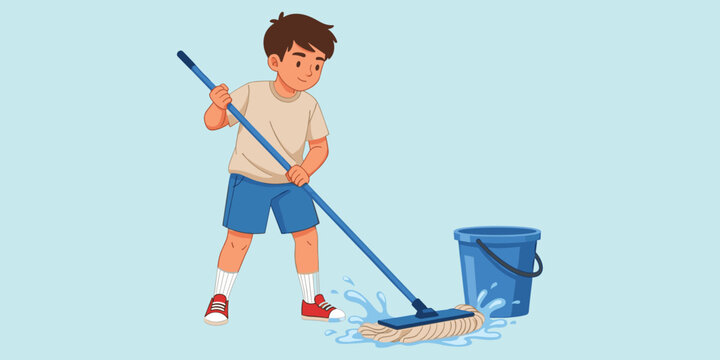 Child mopping floor, cleaning activity, household chore, water bucket, wet surface, hygiene habit, cartoon style, flat vector illustration