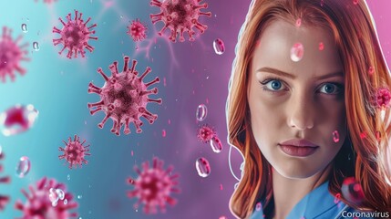 Close up of a female doctor with a mask marked  coronavirus  against a bright blue background