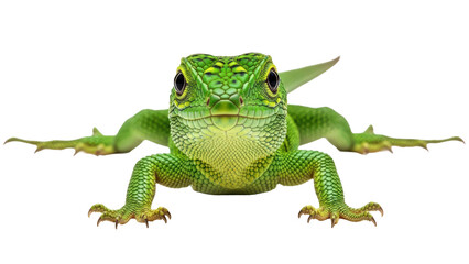 Fototapeta premium Vibrant green scaled lizard close-up, reptile looking directly isolated on transparent background