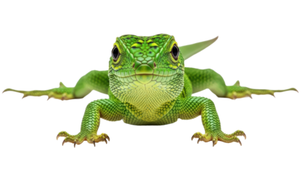 Vibrant green scaled lizard close-up, reptile looking directly isolated on transparent background
