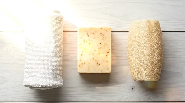 White Rolled Towel Bar Soap And Loofah Sponge On White Wooden Surface