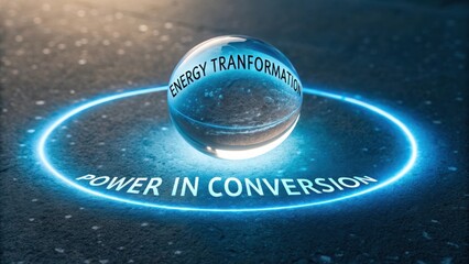Energy Transformation and Power Conversion Concept Represented by Glass Sphere on Dark Surface with Illuminated Text Design