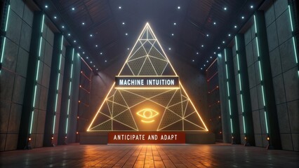 Futuristic neon pyramid symbolizing machine learning and intuition in a modern technology environment with glowing lights