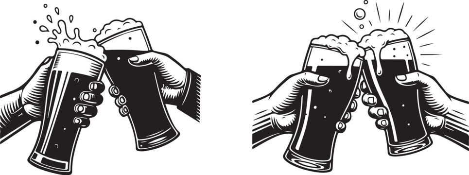 Hands toasting with beer glasses, celebration, isolated on