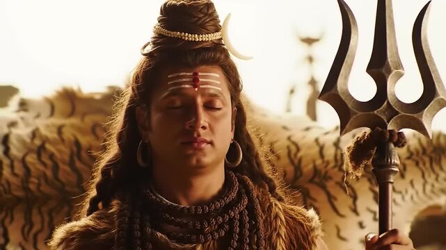 Hindu deity meditating with trident and tiger.