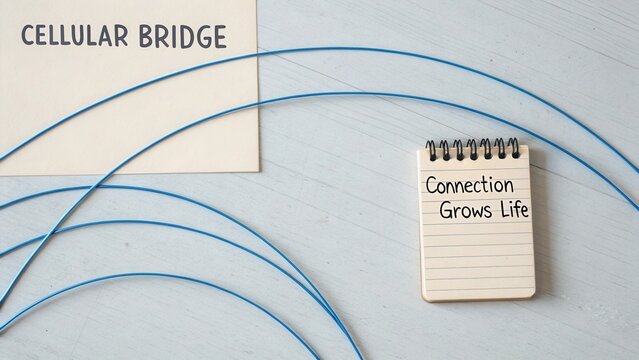 Connection Concept with Blue Cables, Notepad, and Text on Cellular Bridge in a Minimalistic Layout