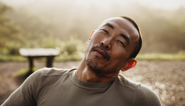 Portrait of a mature Asian man with a peaceful expression, finding a moment of serene contemplation and relaxation outdoors in nature
